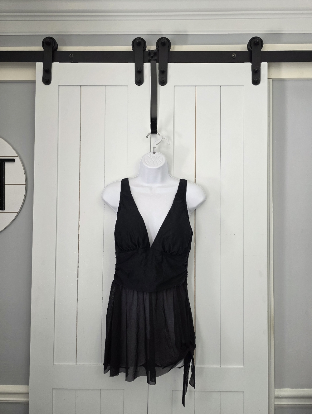 Emerge Shirred Mesh Panel Swim Dress. TOP ONLY! NEW! FLAWED!